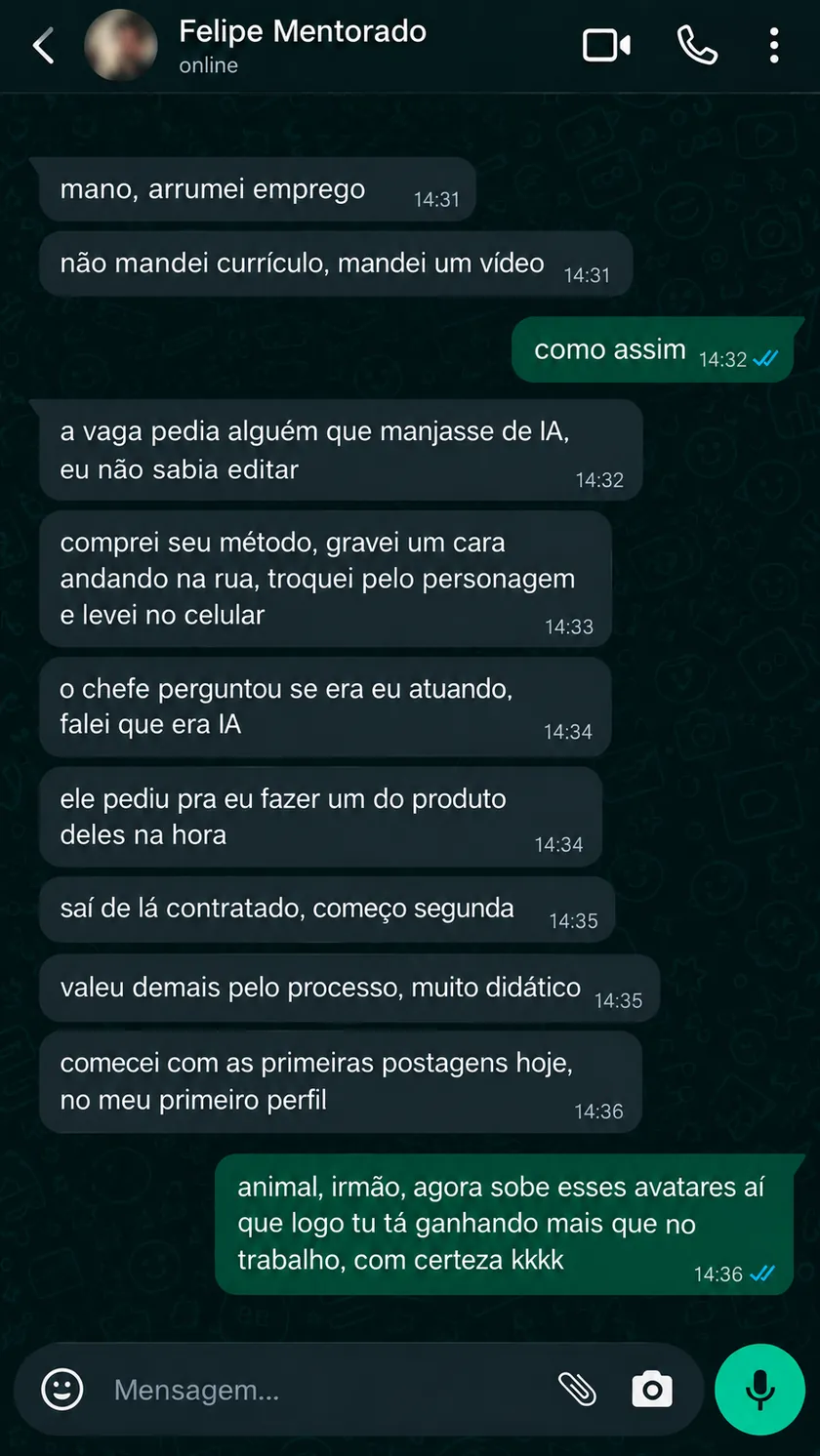 Conversa com Felipe sobre aplicar a criação de vídeos com IA em uma oportunidade de trabalho.