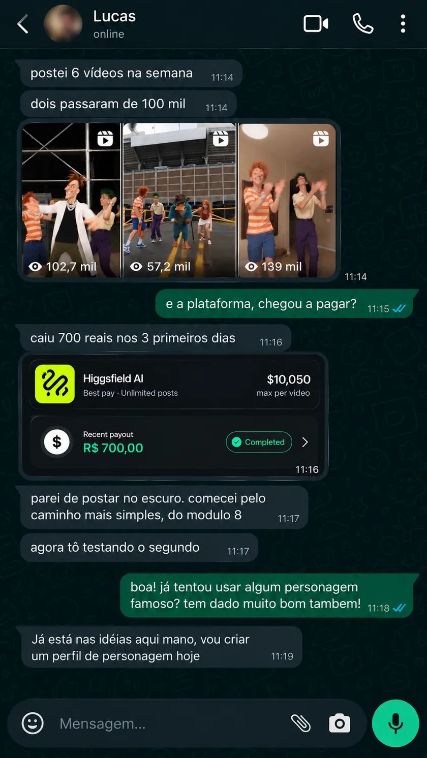 Conversa com Lucas sobre a criação de vídeos com IA e monetização.