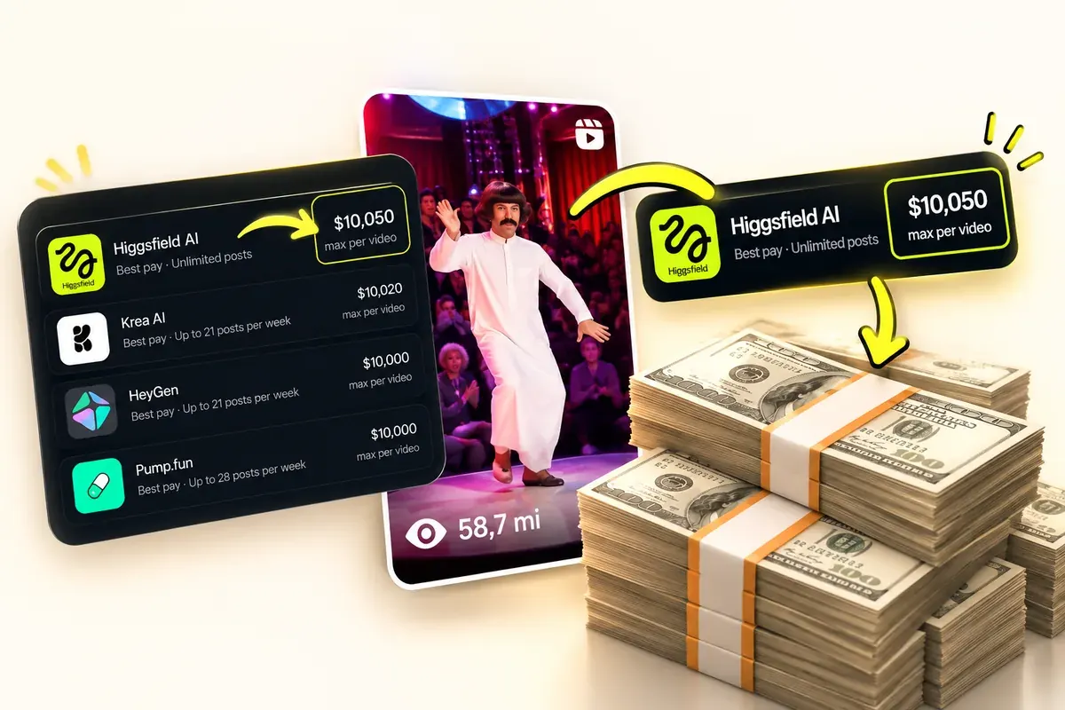 Arte promocional ilustrativa com personagem de IA, plataformas de criação e notas de dólar